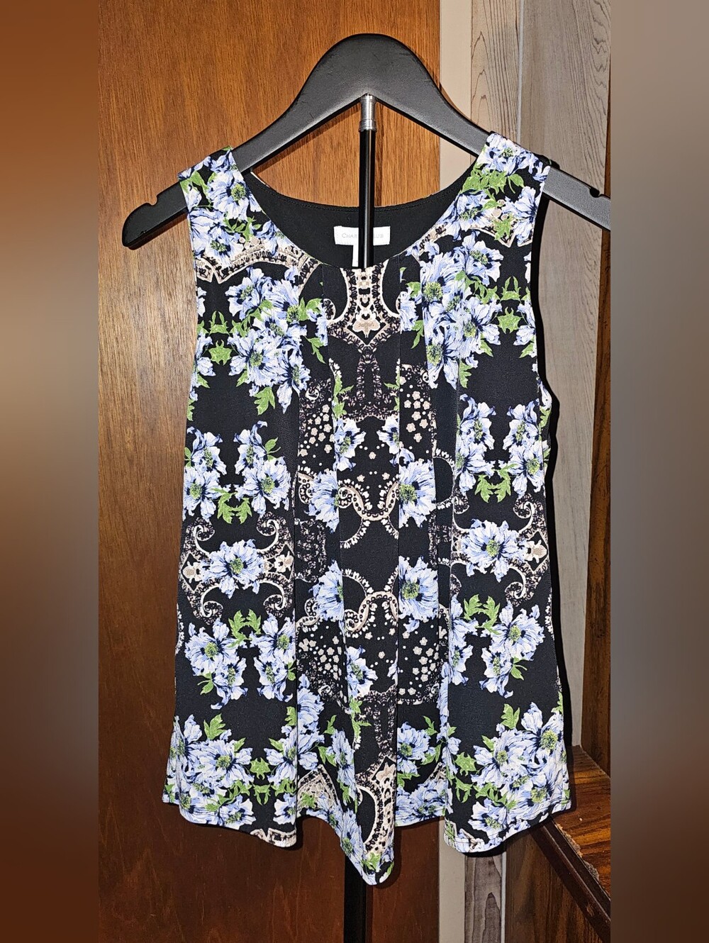 Charter Club Black Floral Sleeveless Petite Top with Blue and Green Print